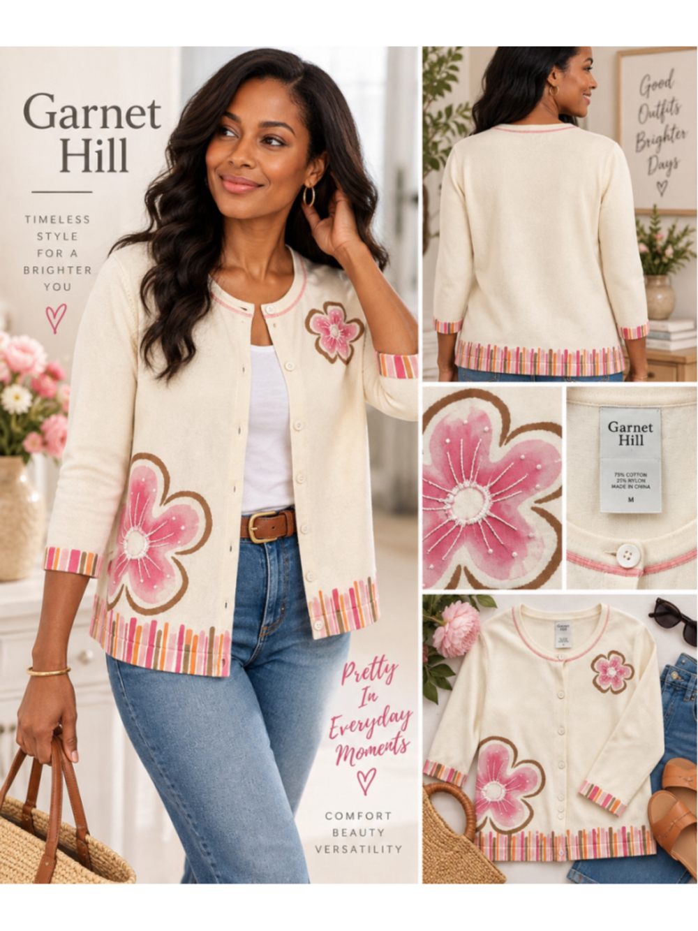 Garnet Hill Floral Embroidered Cardigan Sweater Cream Pink Women’s M